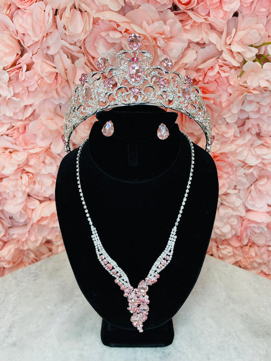RGS18 Pink with Silver Tiara with Necklace and Earring Set
