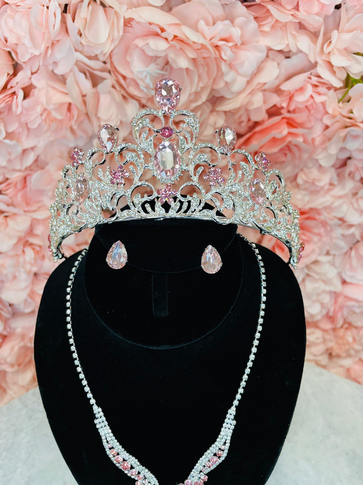 RGS18 Pink with Silver Tiara with Necklace and Earring Set