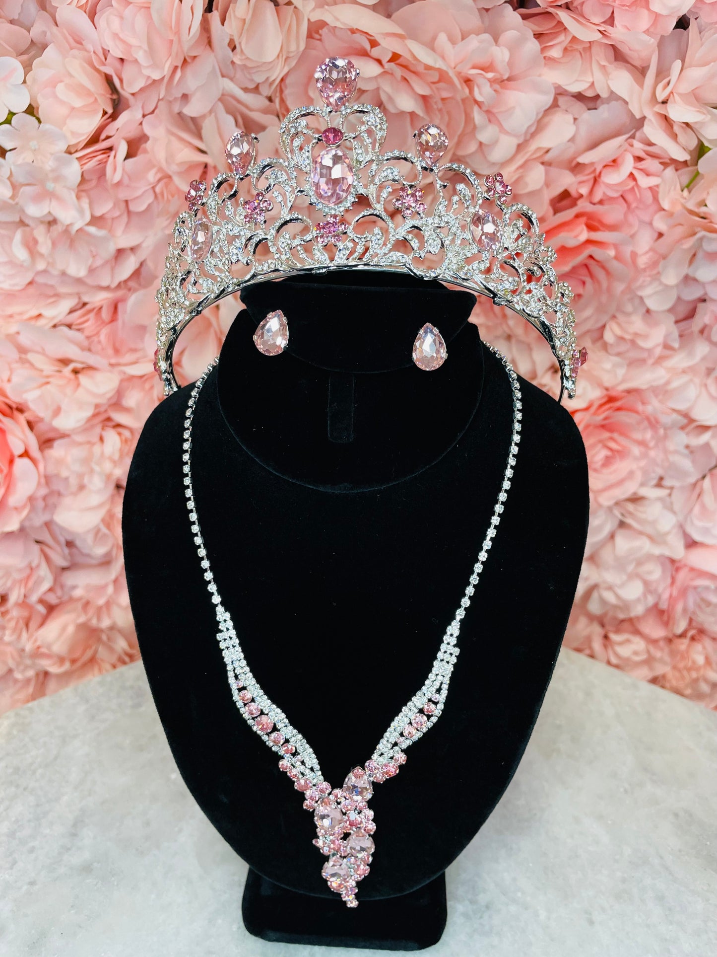 RGS18 Pink with Silver Tiara with Necklace and Earring Set