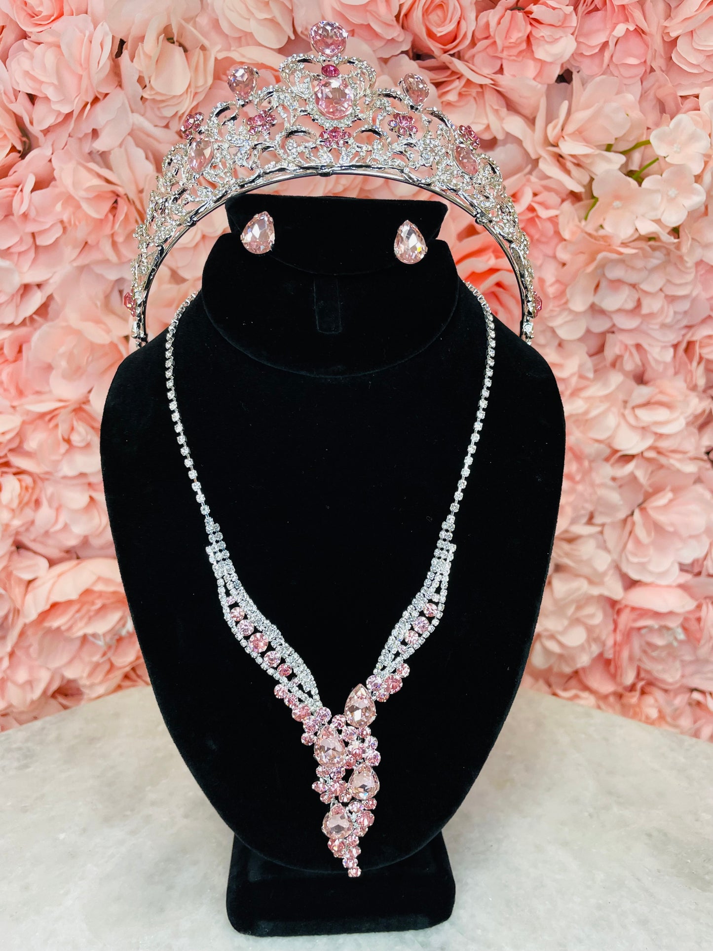 RGS18 Pink with Silver Tiara with Necklace and Earring Set