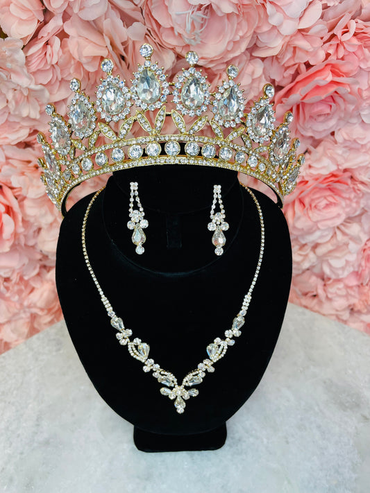 RGS4 Gold with Clear Rhinestone Crown and Earring Set