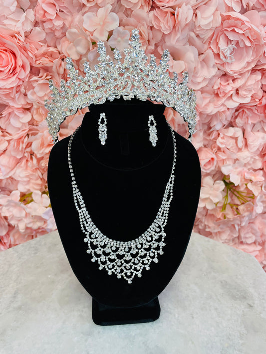 RGS17 Silver Wedding Tiara Set with Necklace and Earrings
